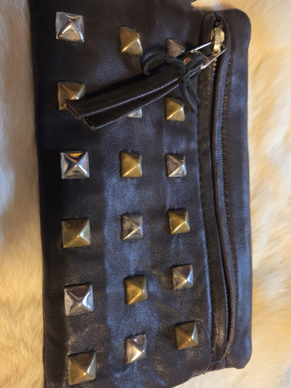 Brown Studded Leather Wristlet Clutch